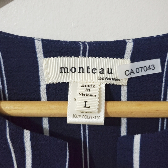 MONTEAU Sheath Dress Ruffles Stripes Blue L - Picture 2 of 6